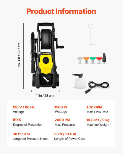 VEVOR Electric Pressure Washer, 2000 PSI, Max. 1.76 GPM Power Washer W/ 30 Ft Hose, 5 Quick Connect Nozzles, Foam Cannon, Portable to Clean Patios, Cars, Fences, Driveways, ETL Listed