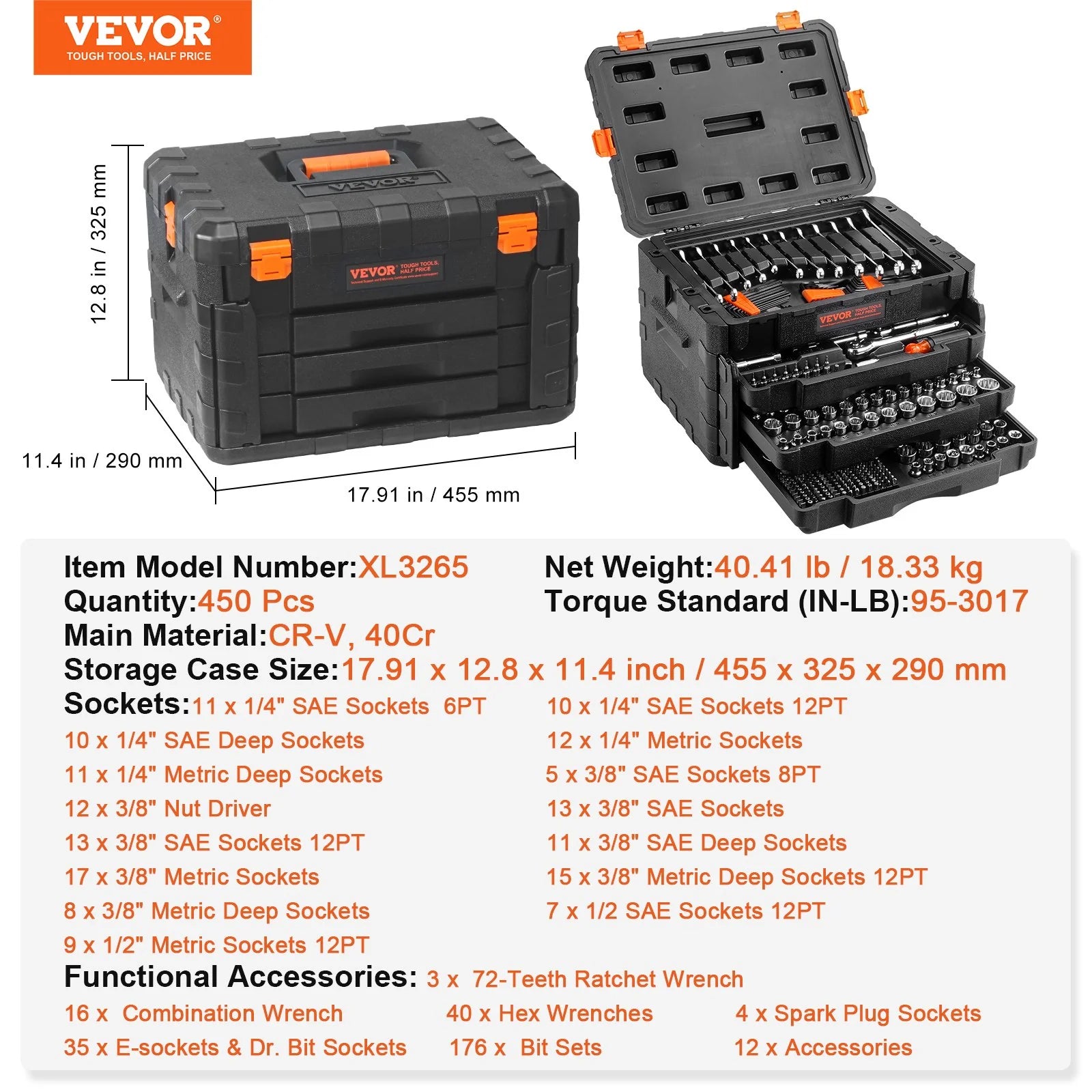 VEVOR Mechanics Tool Set and Socket Set, 1/4 3/8 1/2 Drive Deep and Standard Sockets, 450 Pcs SAE and Metric Mechanic Tool Kit with Bits, Hex Wrenches, Combination Wrench, Accessories, Storage Case