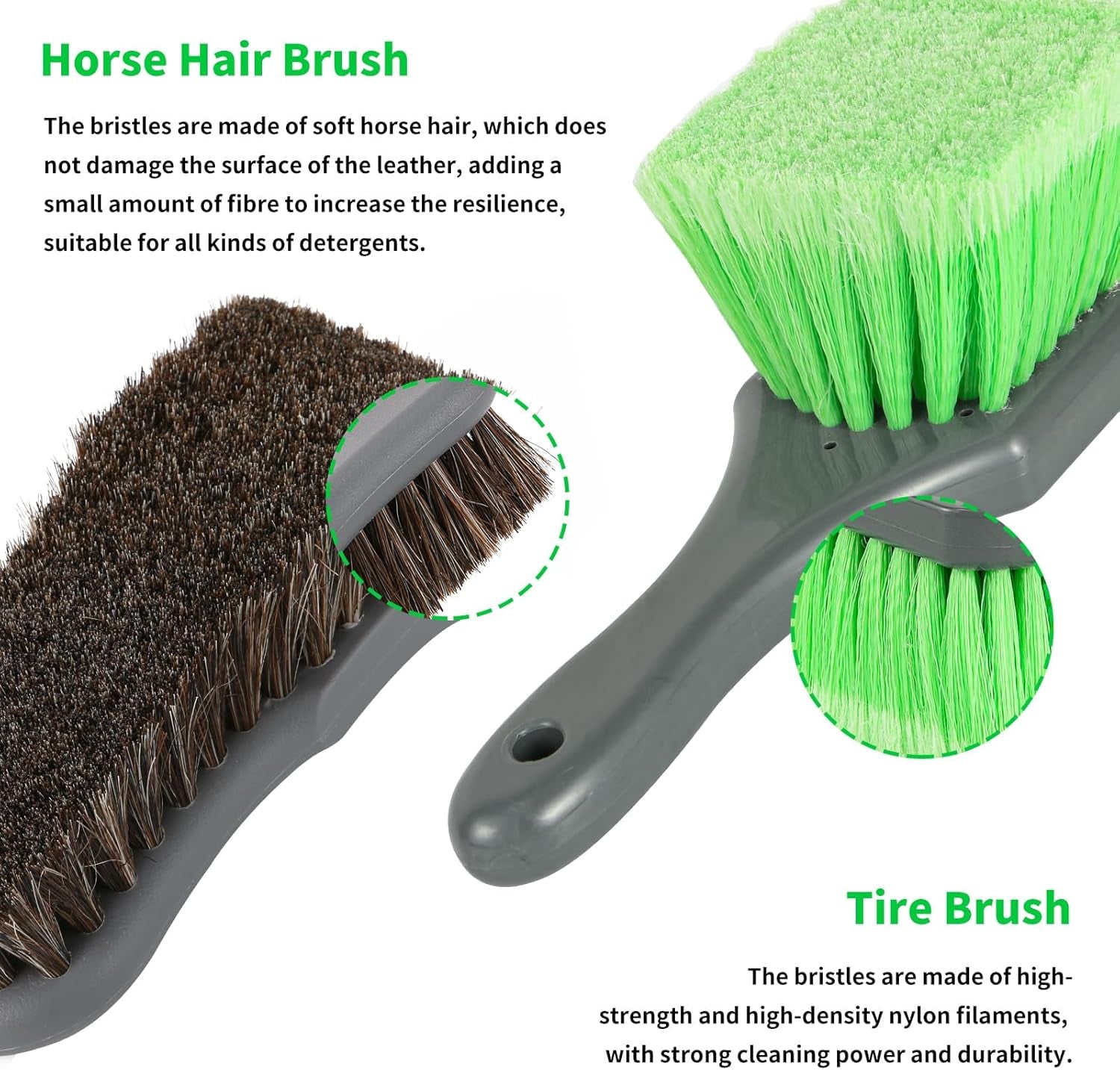 Wheel & Tire Brush, Car Wash Brush for Car Rim, Horse Hair Leather Cleaning Brush for Car Interiors, Furniture, Apparel, Boots, and More, Brush Set, Soft Bristle Cleaning Brush