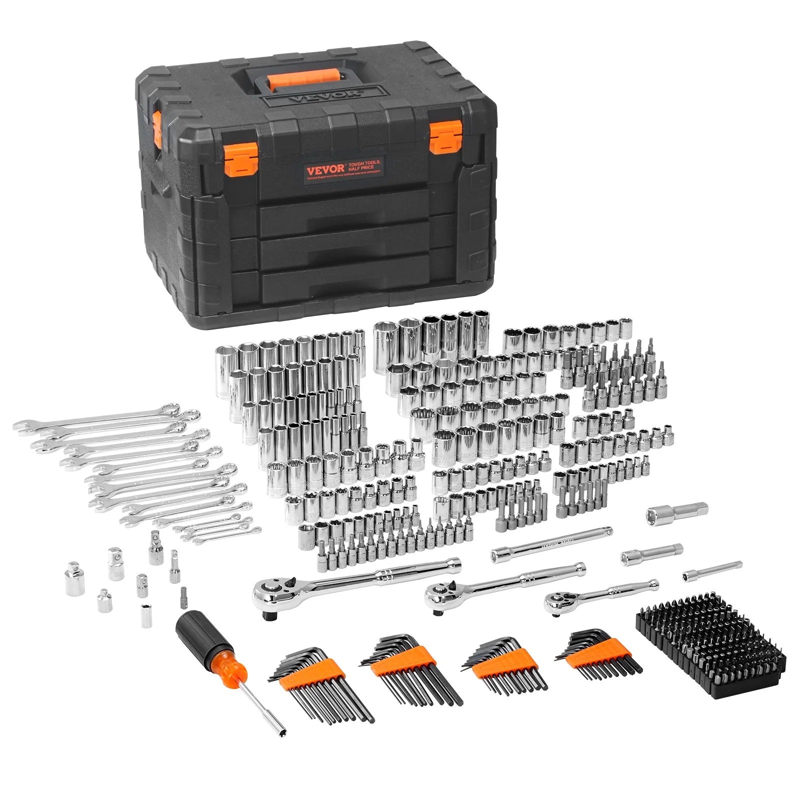 VEVOR Mechanics Tool Set and Socket Set, 1/4 3/8 1/2 Drive Deep and Standard Sockets, 450 Pcs SAE and Metric Mechanic Tool Kit with Bits, Hex Wrenches, Combination Wrench, Accessories, Storage Case