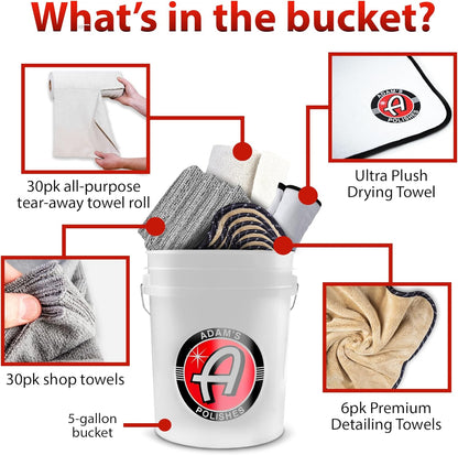 5 Gallon Bucket-O-Towels (67Pk) - Variety Car Detailing Bucket of Premium Microfiber Towels for Car Wash, Cleaning, Polishing, Car Wax, Ceramic Coating, Shop Towels & More