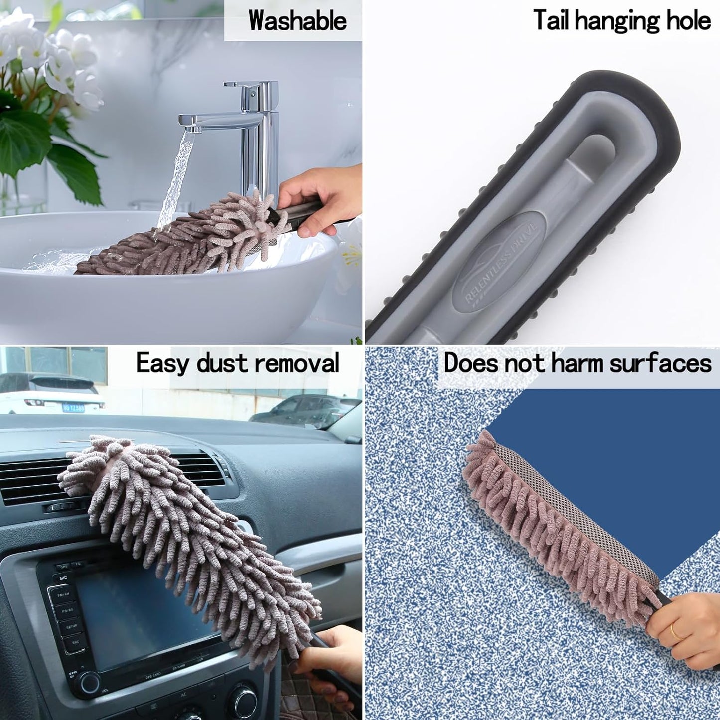 Car Duster Interior, Microfiber Car Wash Brush with Sponge, Cleaning Products for Car Screens, Car Leather, Exterior, Tire, Wheel, Detailing. Must-Have Accessories for Your Cleaning Kit. Gray