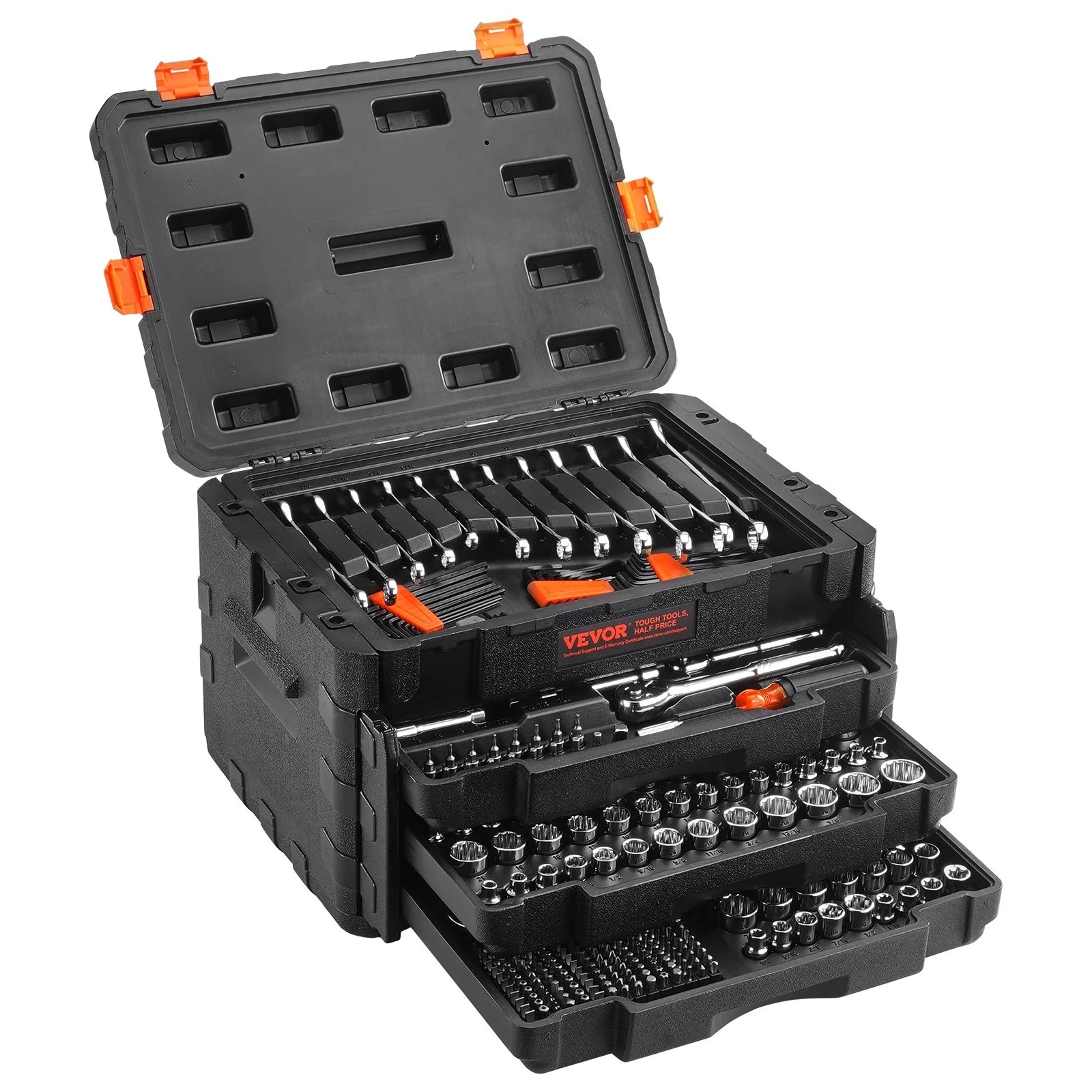 VEVOR Mechanics Tool Set and Socket Set, 1/4 3/8 1/2 Drive Deep and Standard Sockets, 450 Pcs SAE and Metric Mechanic Tool Kit with Bits, Hex Wrenches, Combination Wrench, Accessories, Storage Case