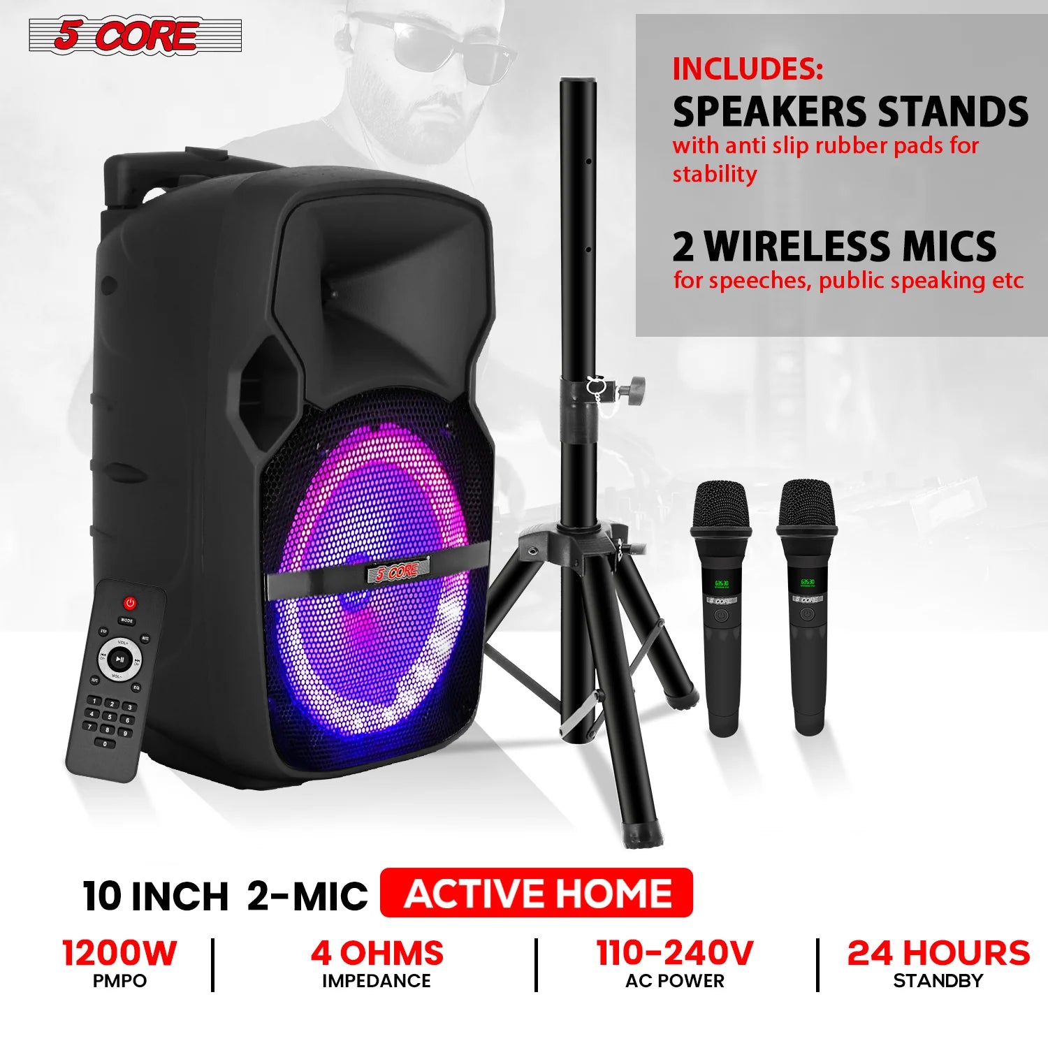 5Core 10 Inch PA Portable Bluetooth Party Speaker Karaoke Boombox + 2 Wireless Mics