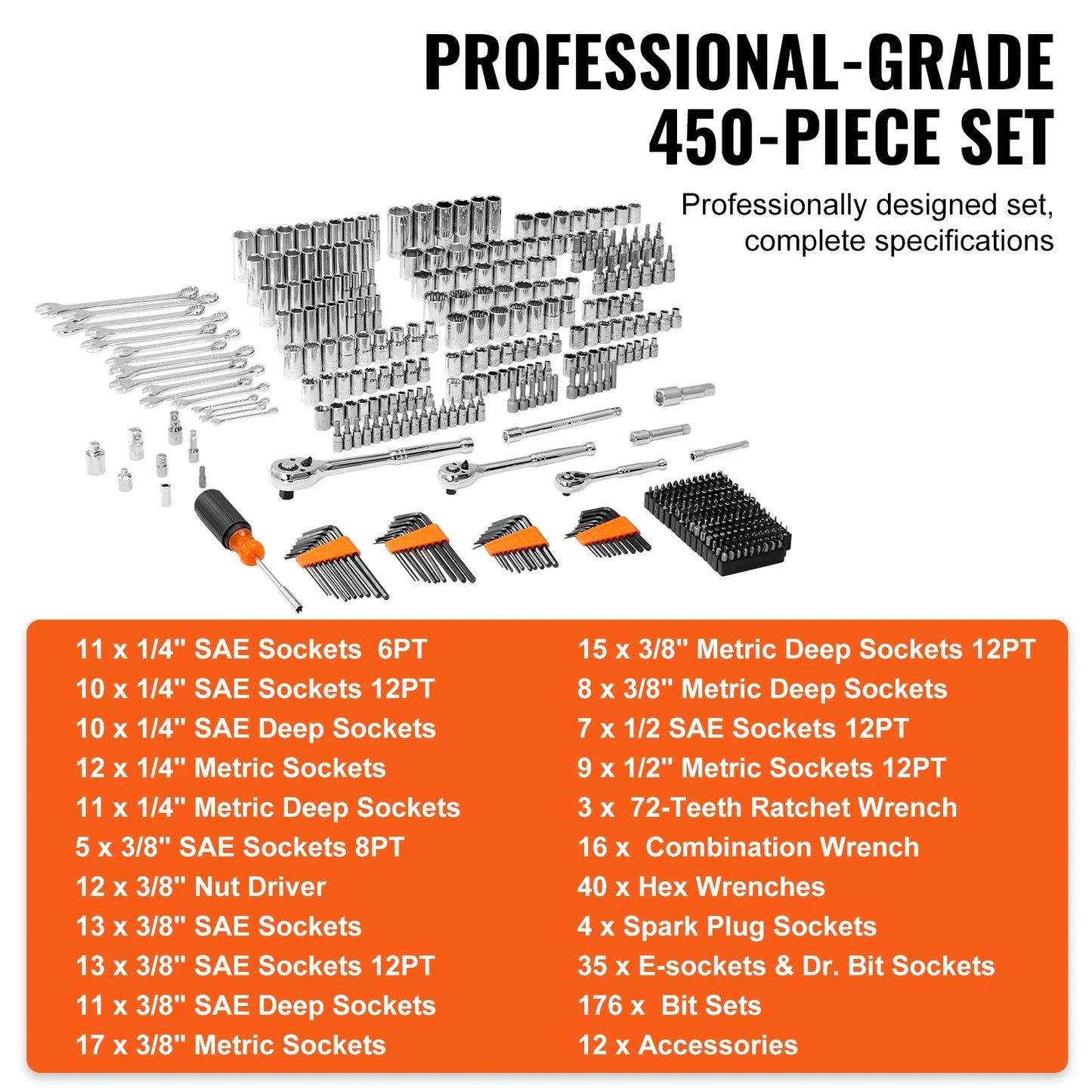 VEVOR Mechanics Tool Set and Socket Set, 1/4 3/8 1/2 Drive Deep and Standard Sockets, 450 Pcs SAE and Metric Mechanic Tool Kit with Bits, Hex Wrenches, Combination Wrench, Accessories, Storage Case