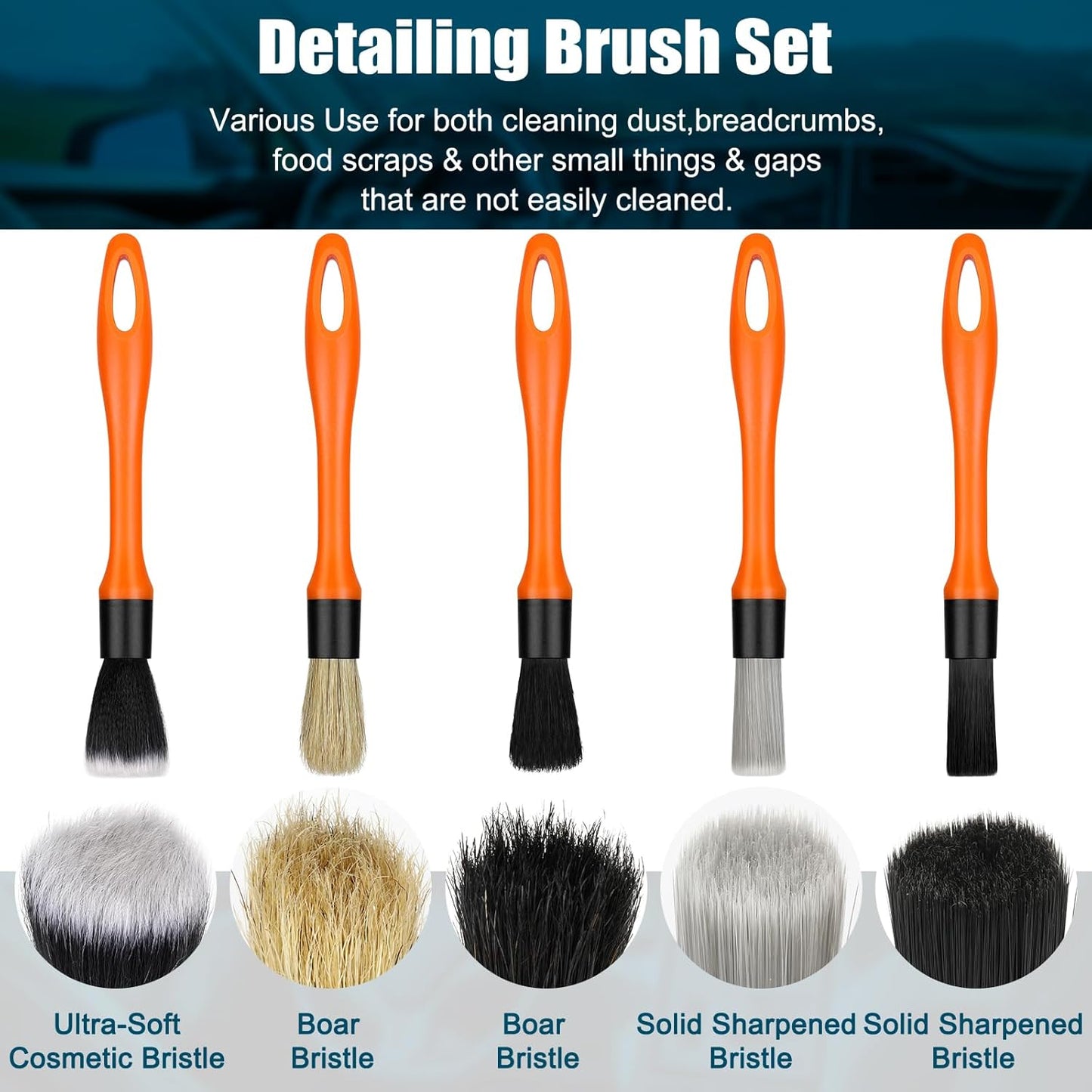 Car Detailing Brush Set, Soft Boar Hair Auto Cleaning Kit, Perfect for Automotive Duster,Wheels,Dashboard,Interior,Exterior,Leather,Air Vents,Engines