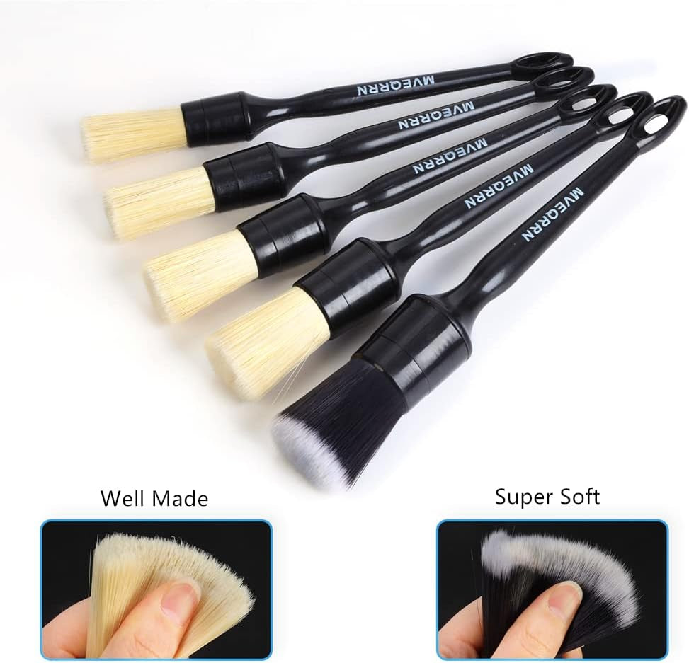 Boars Hair Ultra Soft Detailing Brushes Set, 4 Pcs Premium Natural Boars Bristles, 1 Pcs Duster Detail Brush for Cleaning Car Interior Dashboard Leather Seat